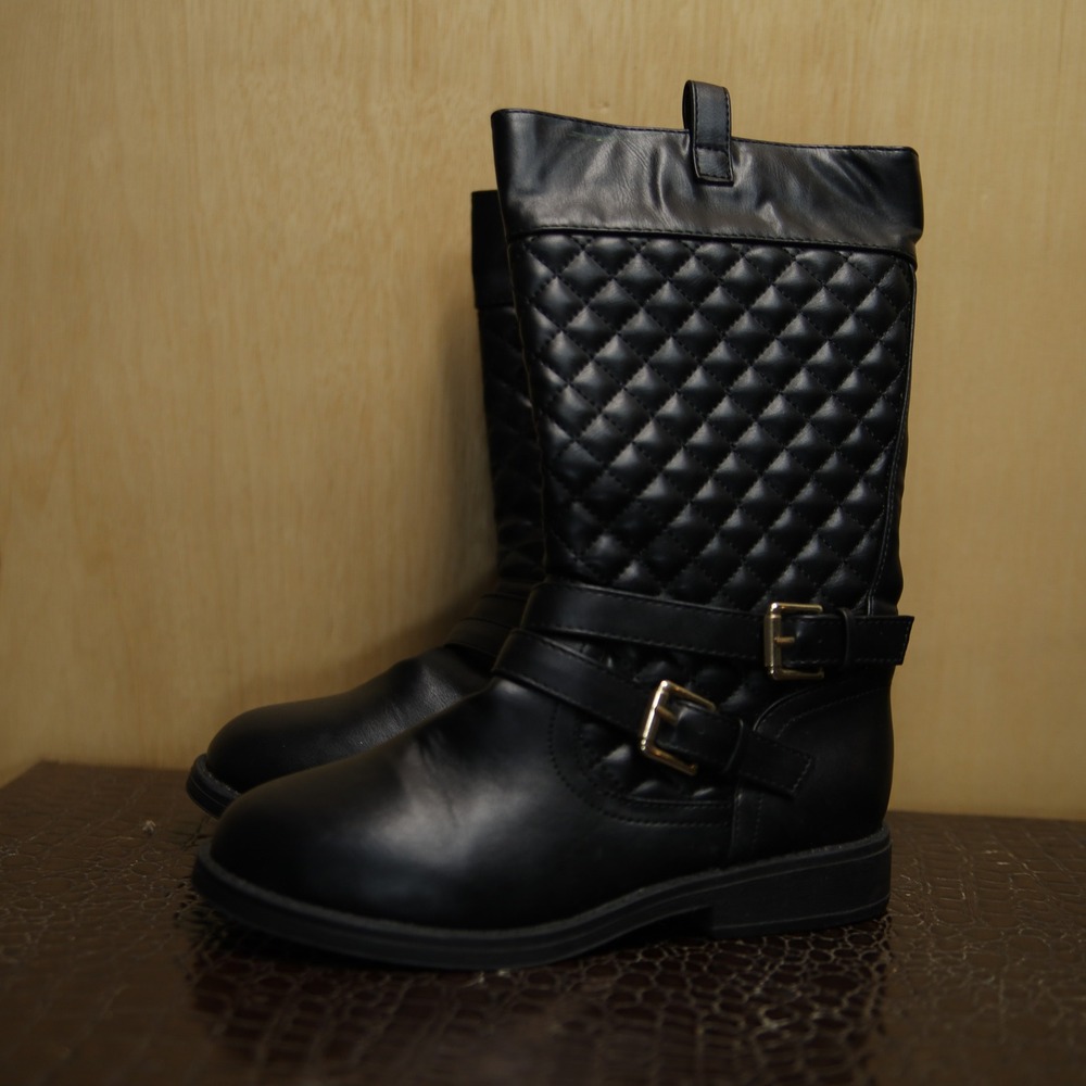 Dream Pairs Girls Black Quilted Mid Calf Riding Boots Double Buckle Size 3